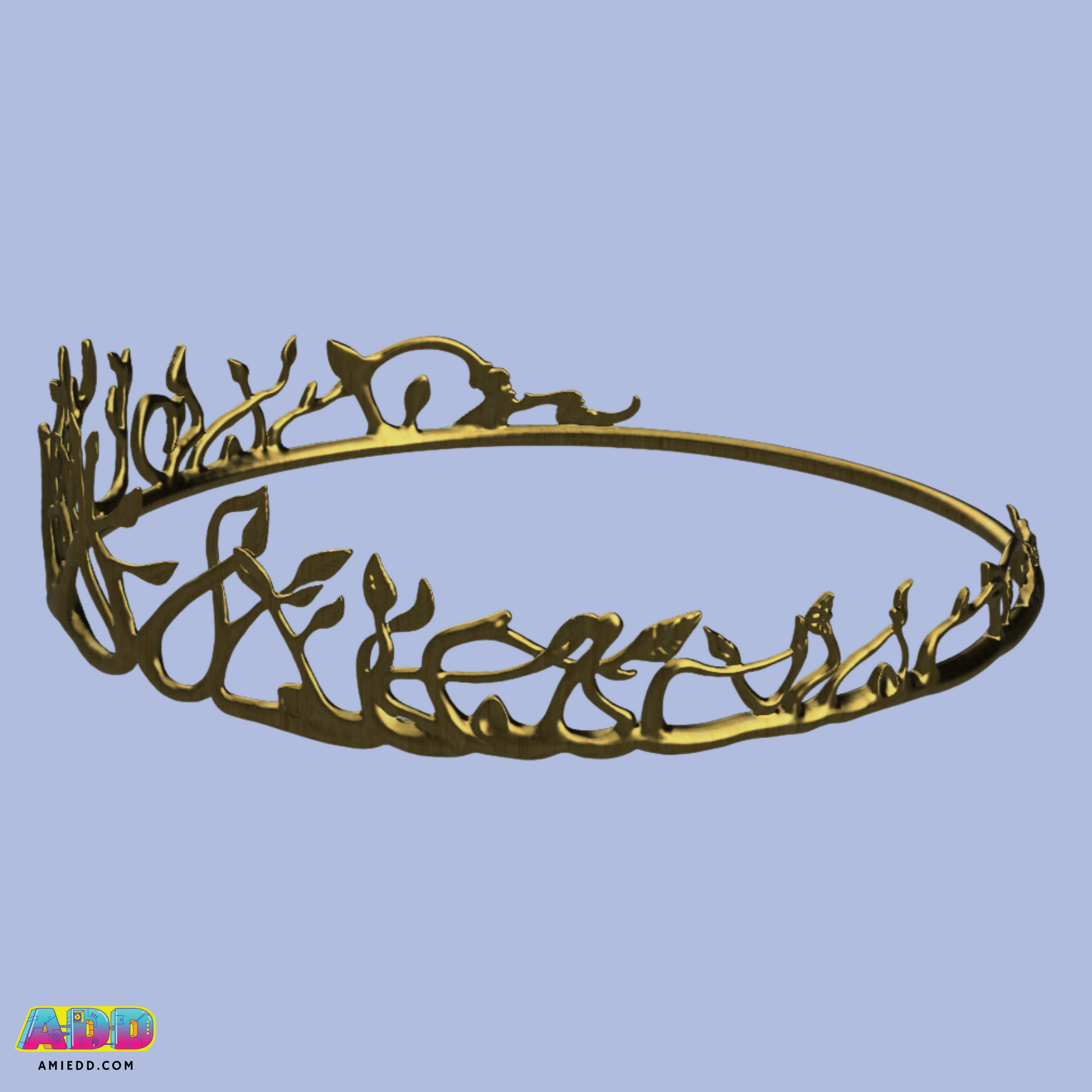 An ornate gold crown with intricate designs, fit for a queen. The crown features delicate filigree work and sparkling gemstones, symbolizing Margo’s regal and powerful presence in The Magicians.